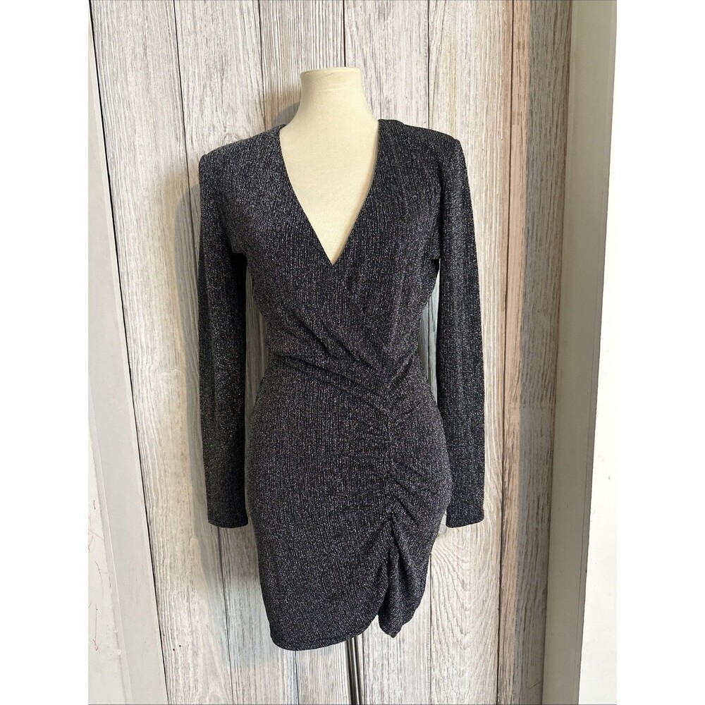 Betsey Johnson Black Metallic Long Sleeve Plunge Neckline Bodycon Sz S